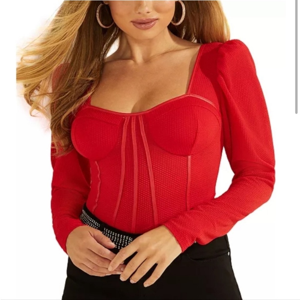 Guess Rachel Scarlett Red cropped sweetheart corset long sleeve top